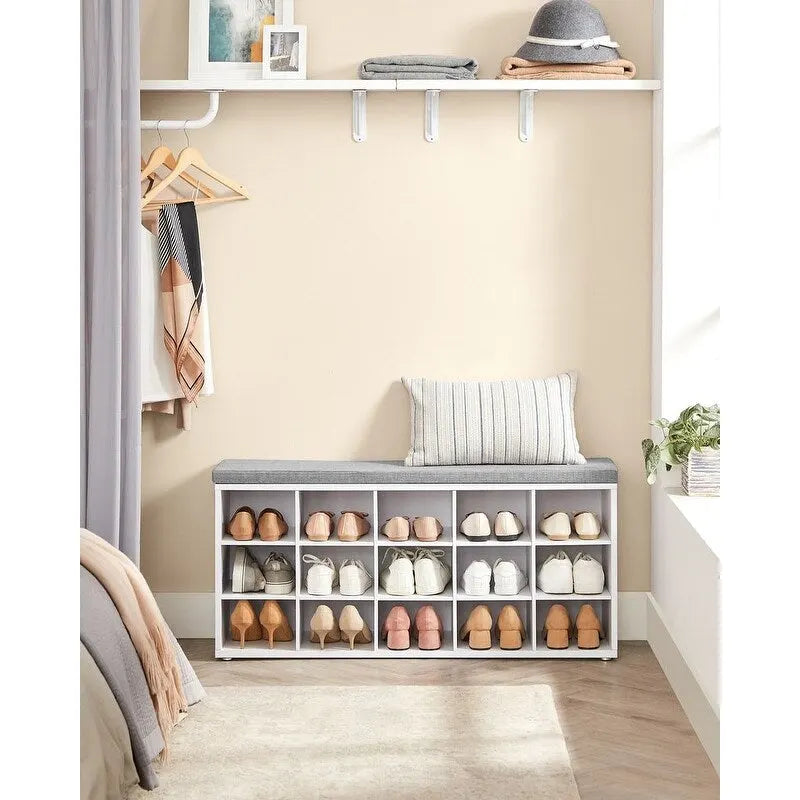 Wood Shoe Bench with Cushion, 15-Compartment Storage Organizer - 11.8D x 41.3W x 18.9H