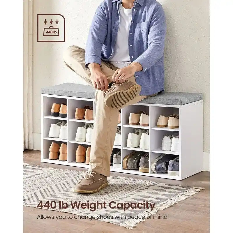 Wood Shoe Bench with Cushion, 15-Compartment Storage Organizer - 11.8D x 41.3W x 18.9H
