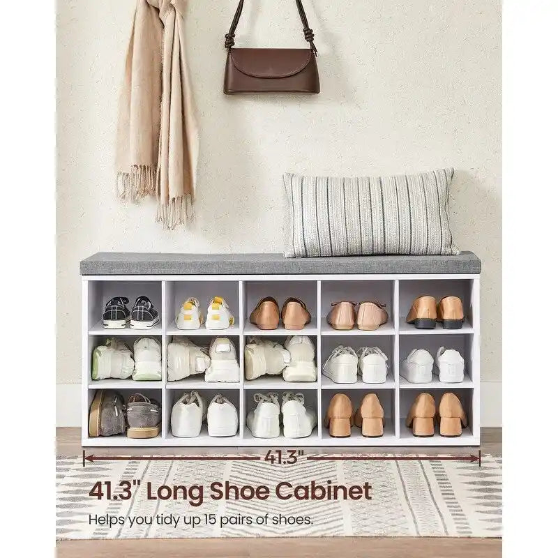Wood Shoe Bench with Cushion, 15-Compartment Storage Organizer - 11.8D x 41.3W x 18.9H