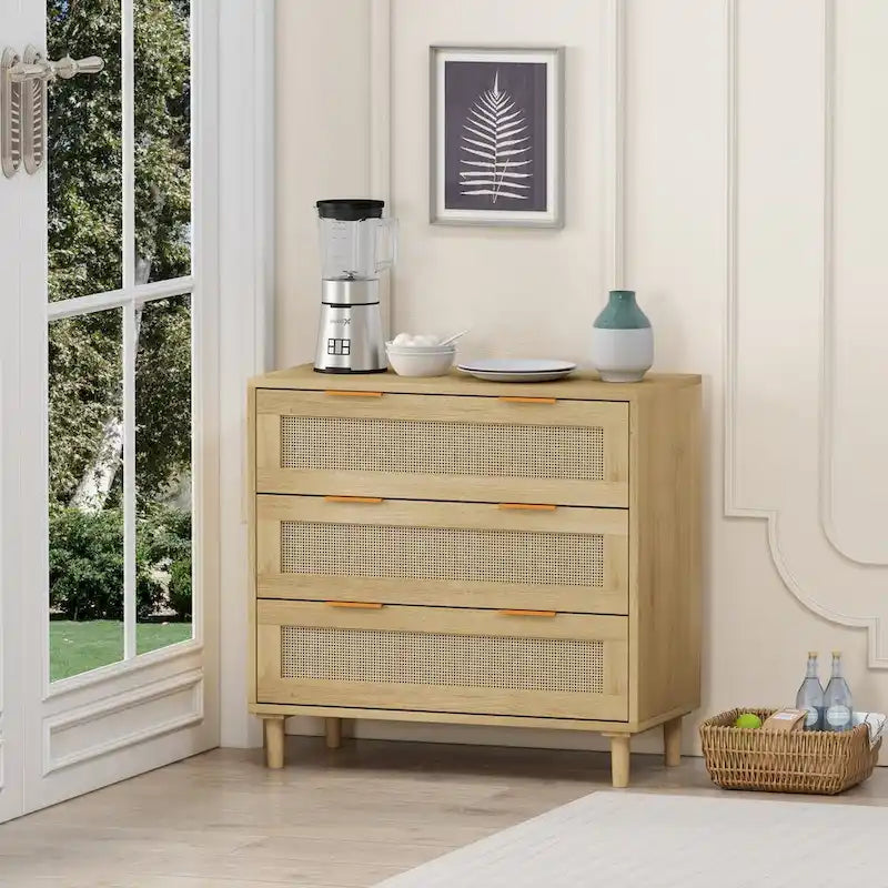 3-Drawers Rattan Storage Cabinet Rattan Drawer - N/A