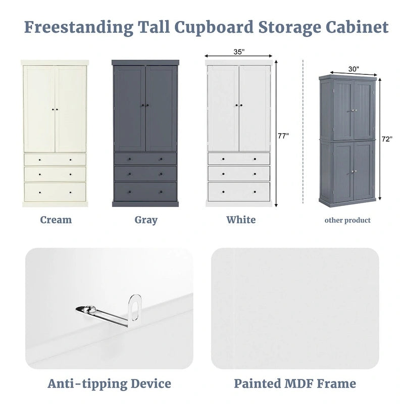 Freestanding Tall Cupboard Storage Cabinet w/ 8 Door Shelves, 3 Drawer