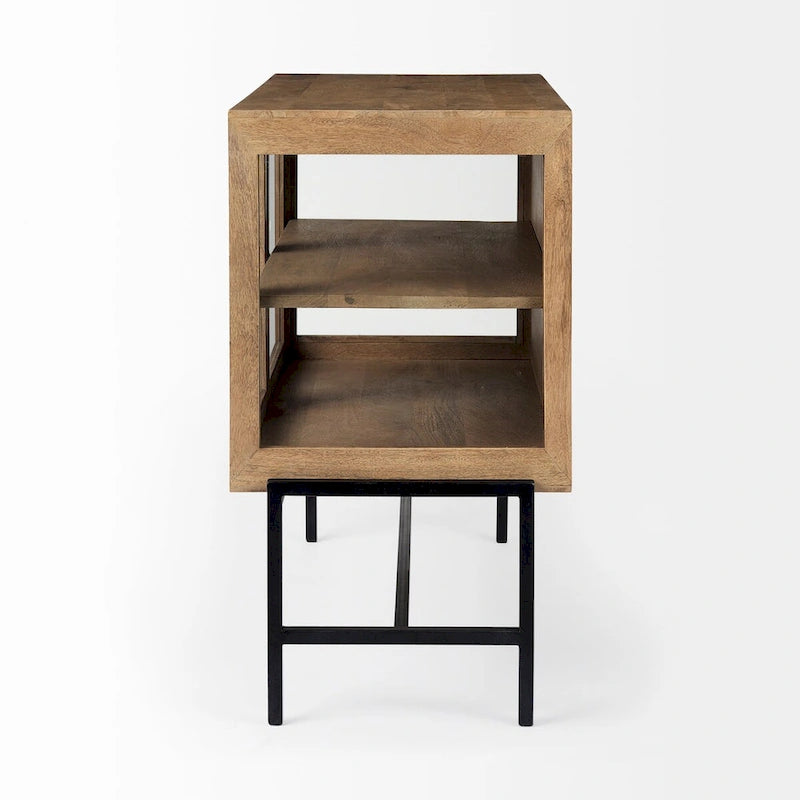 Arelius Light Brown Solid Wood w/ Black Iron Frame & 2 Glass Doors Accent Cabinet - 36.0L x 18.0W x 32.0H