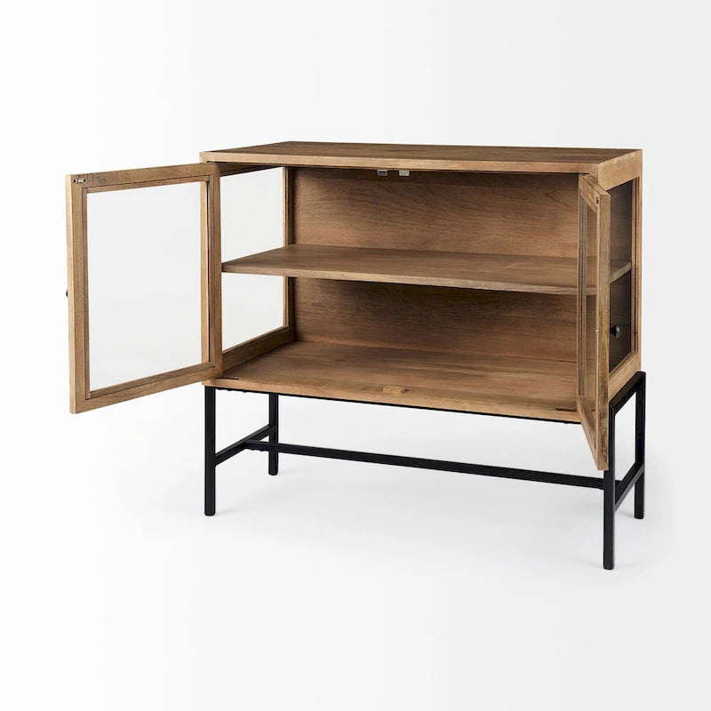 Arelius Light Brown Solid Wood w/ Black Iron Frame & 2 Glass Doors Accent Cabinet - 36.0L x 18.0W x 32.0H