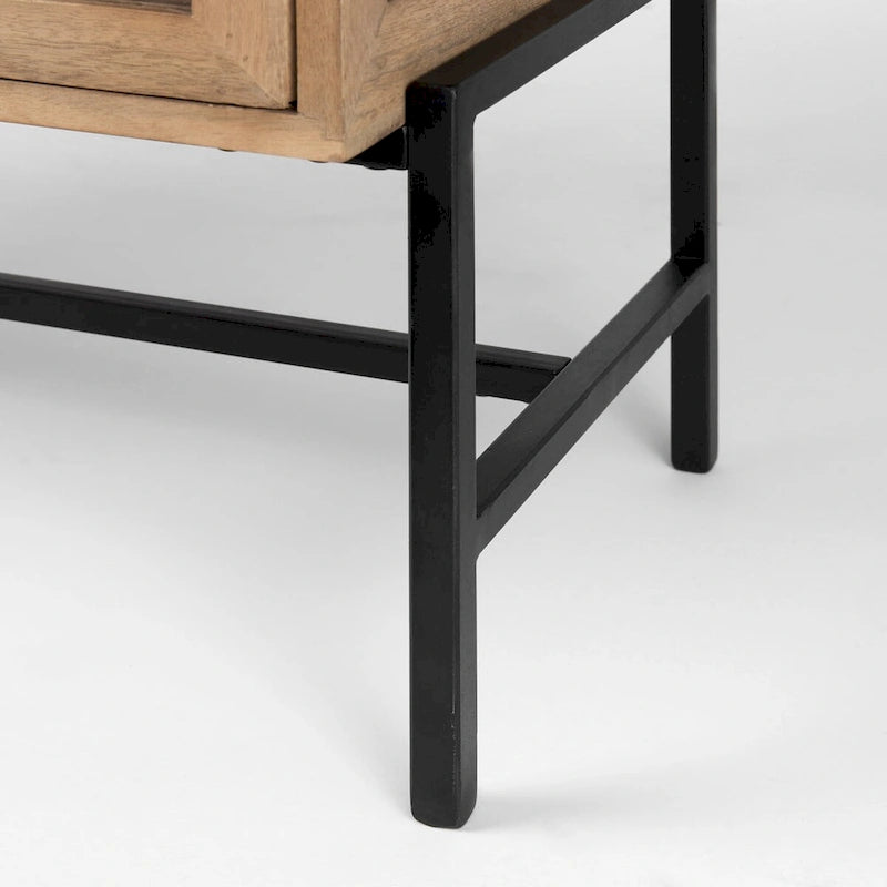 Arelius Light Brown Solid Wood w/ Black Iron Frame & 2 Glass Doors Accent Cabinet - 36.0L x 18.0W x 32.0H