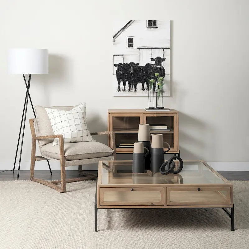 Arelius Light Brown Solid Wood w/ Black Iron Frame & 2 Glass Doors Accent Cabinet - 36.0L x 18.0W x 32.0H