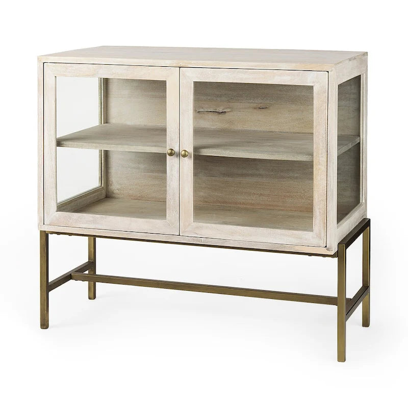 Arelius Light Brown Solid Wood w/ Black Iron Frame & 2 Glass Doors Accent Cabinet - 36.0L x 18.0W x 32.0H