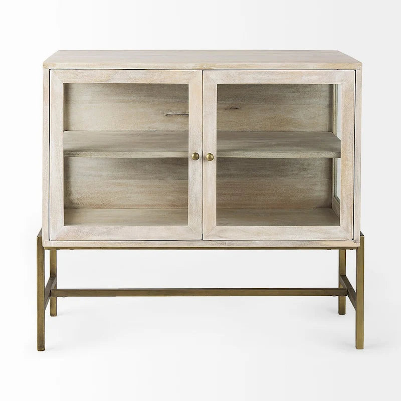 Arelius Light Brown Solid Wood w/ Black Iron Frame & 2 Glass Doors Accent Cabinet - 36.0L x 18.0W x 32.0H
