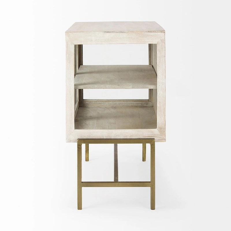 Arelius Light Brown Solid Wood w/ Black Iron Frame & 2 Glass Doors Accent Cabinet - 36.0L x 18.0W x 32.0H