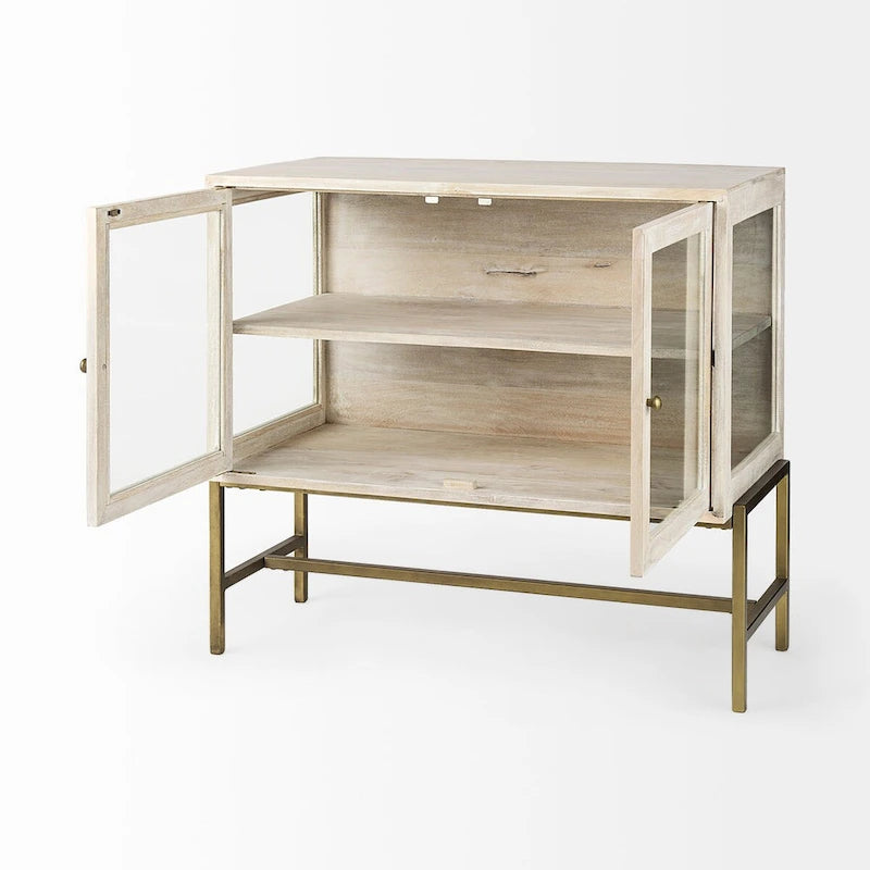 Arelius Light Brown Solid Wood w/ Black Iron Frame & 2 Glass Doors Accent Cabinet - 36.0L x 18.0W x 32.0H