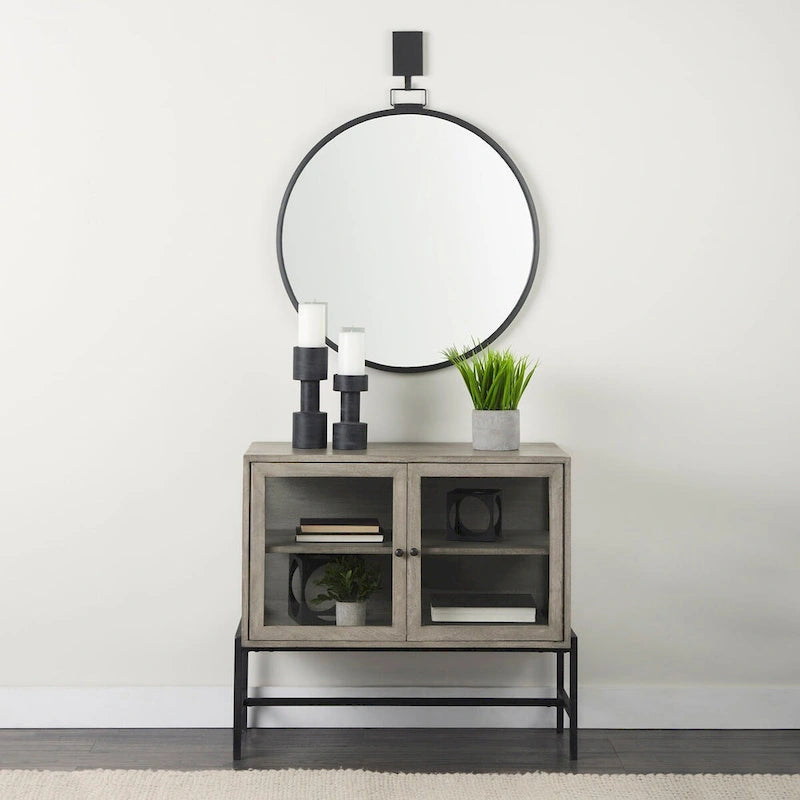 Arelius Light Brown Solid Wood w/ Black Iron Frame & 2 Glass Doors Accent Cabinet - 36.0L x 18.0W x 32.0H