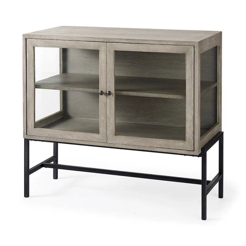 Arelius Light Brown Solid Wood w/ Black Iron Frame & 2 Glass Doors Accent Cabinet - 36.0L x 18.0W x 32.0H