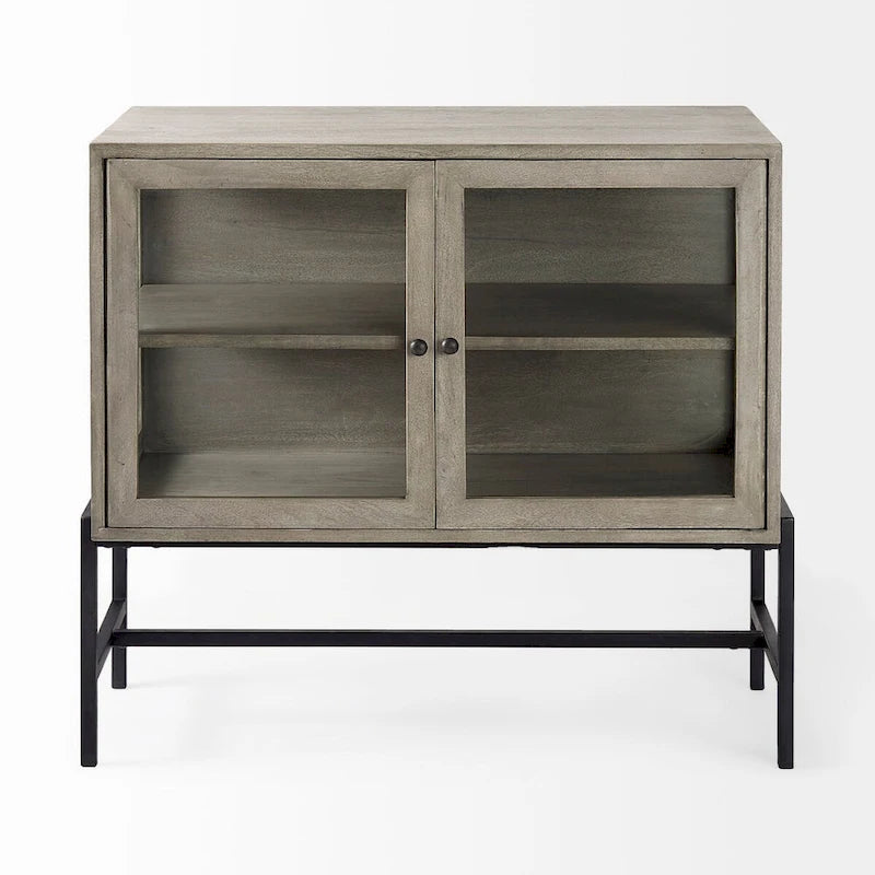 Arelius Light Brown Solid Wood w/ Black Iron Frame & 2 Glass Doors Accent Cabinet - 36.0L x 18.0W x 32.0H