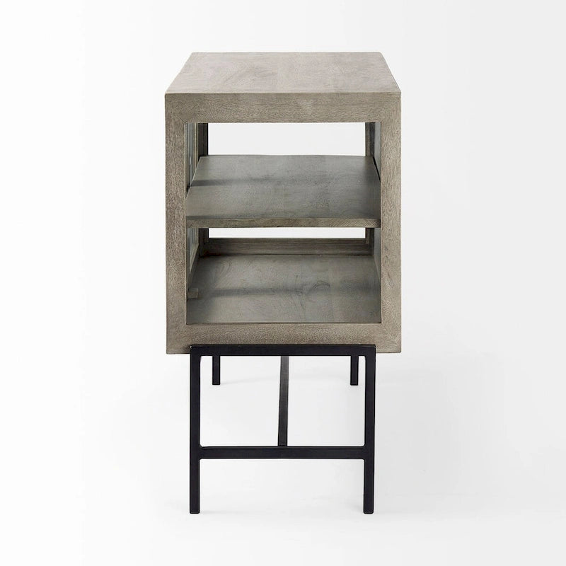 Arelius Light Brown Solid Wood w/ Black Iron Frame & 2 Glass Doors Accent Cabinet - 36.0L x 18.0W x 32.0H