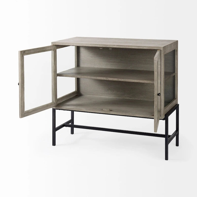 Arelius Light Brown Solid Wood w/ Black Iron Frame & 2 Glass Doors Accent Cabinet - 36.0L x 18.0W x 32.0H