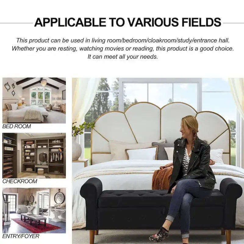 62 Bedroom Tufted Button Storage Bench, Linen Upholstered Ottoman
