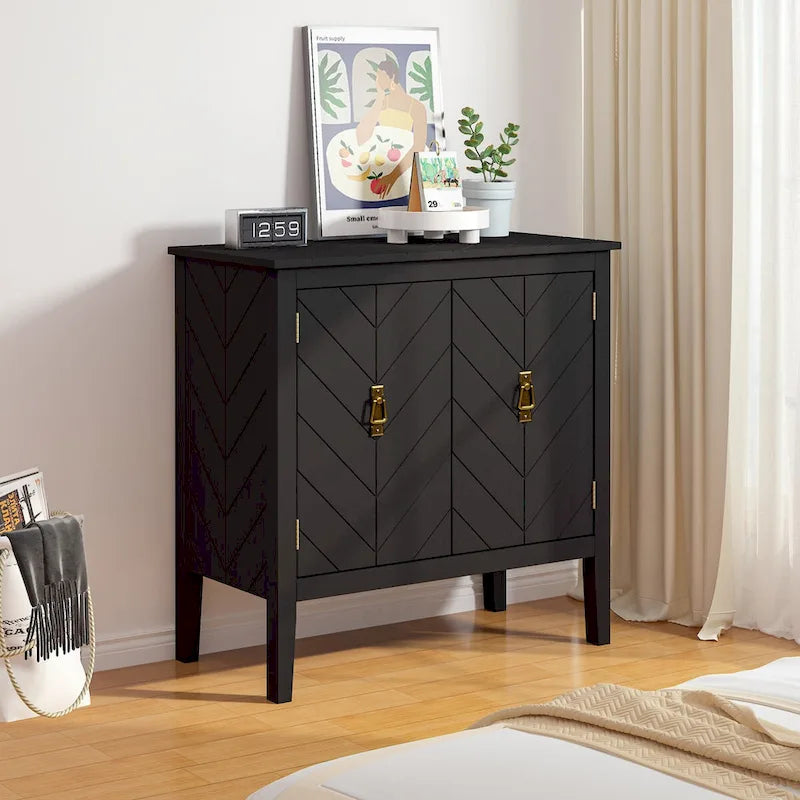 2 Door Wooden Cabinets, Black Wood Cabinet Vintage Style Sideboard for Living Room Dining Room Office