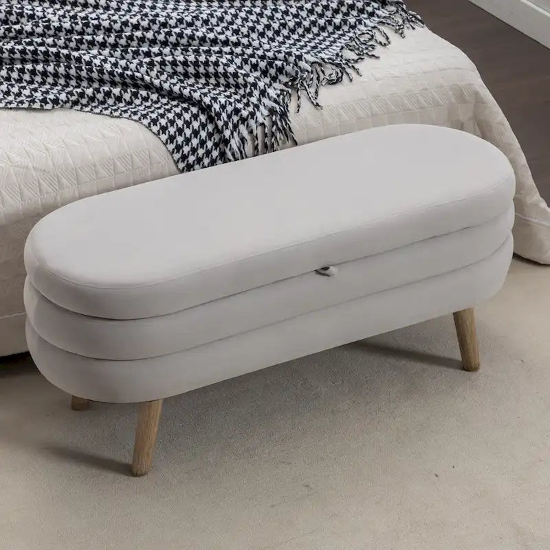 Velvet Fabric Storage Bench With Wood Legs For Living Room Bedroom
