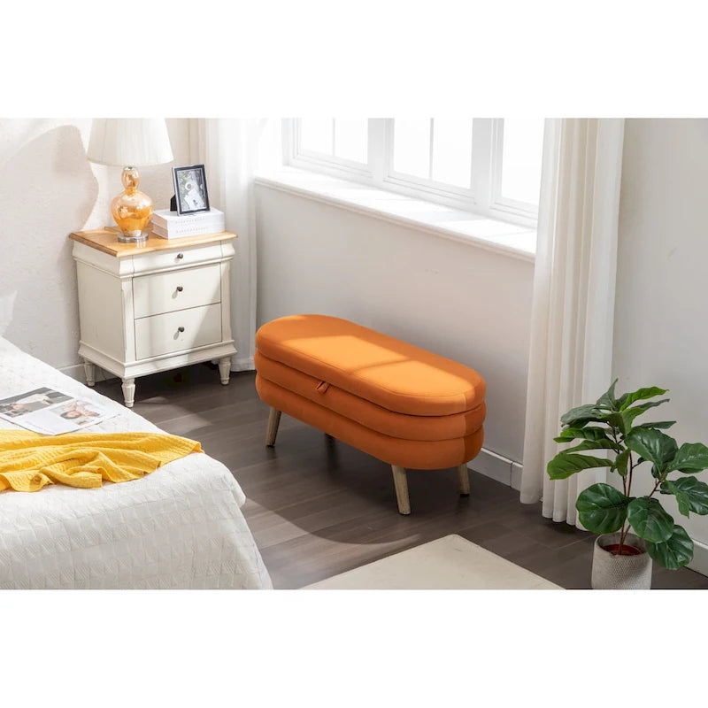 Velvet Fabric Storage Bench With Wood Legs For Living Room Bedroom