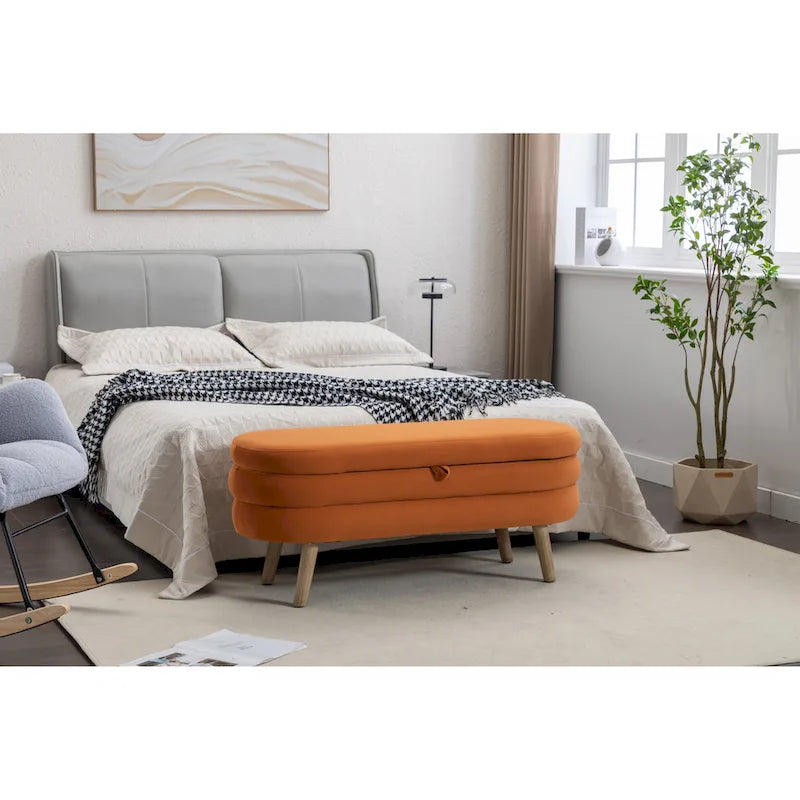 Velvet Fabric Storage Bench With Wood Legs For Living Room Bedroom