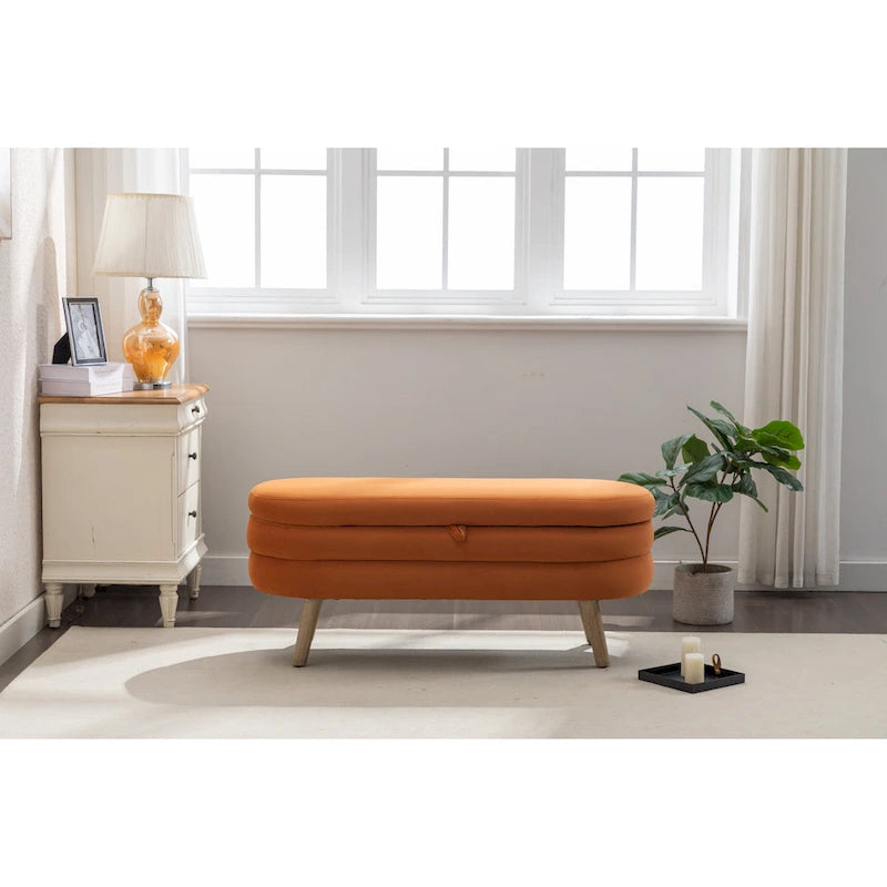 Velvet Fabric Storage Bench With Wood Legs For Living Room Bedroom