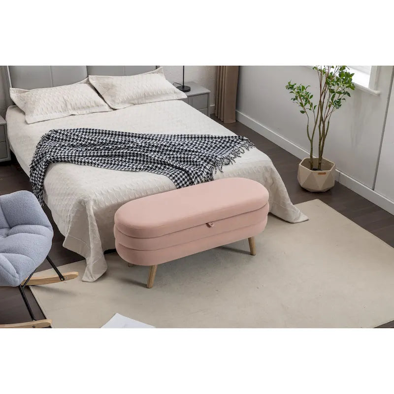 Velvet Fabric Storage Bench With Wood Legs For Living Room Bedroom