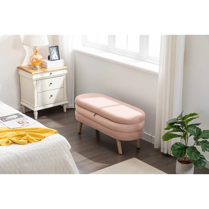 Velvet Fabric Storage Bench With Wood Legs For Living Room Bedroom