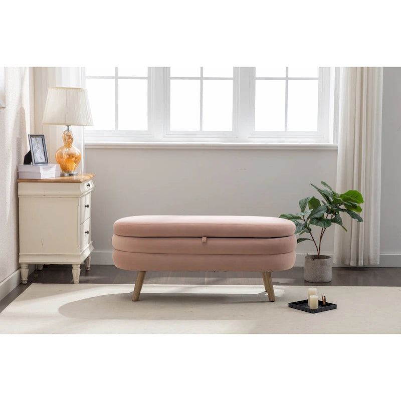 Velvet Fabric Storage Bench With Wood Legs For Living Room Bedroom