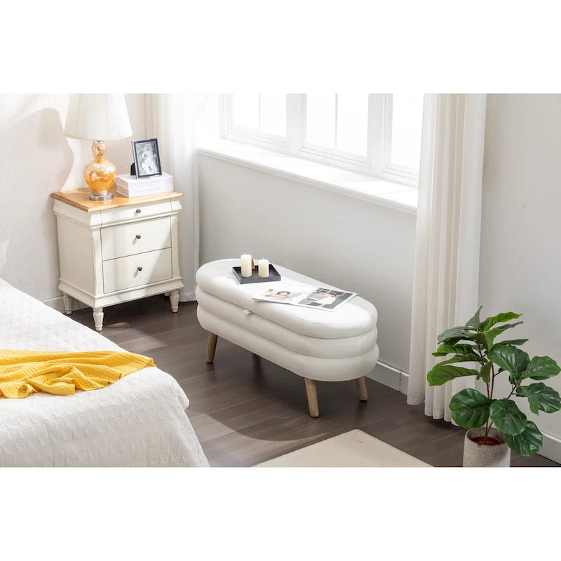 Velvet Fabric Storage Bench With Wood Legs For Living Room Bedroom