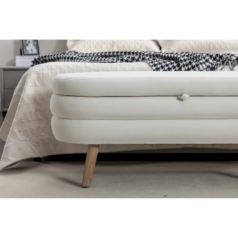 Velvet Fabric Storage Bench With Wood Legs For Living Room Bedroom