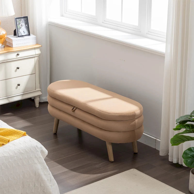Velvet Fabric Storage Bench With Wood Legs For Living Room Bedroom