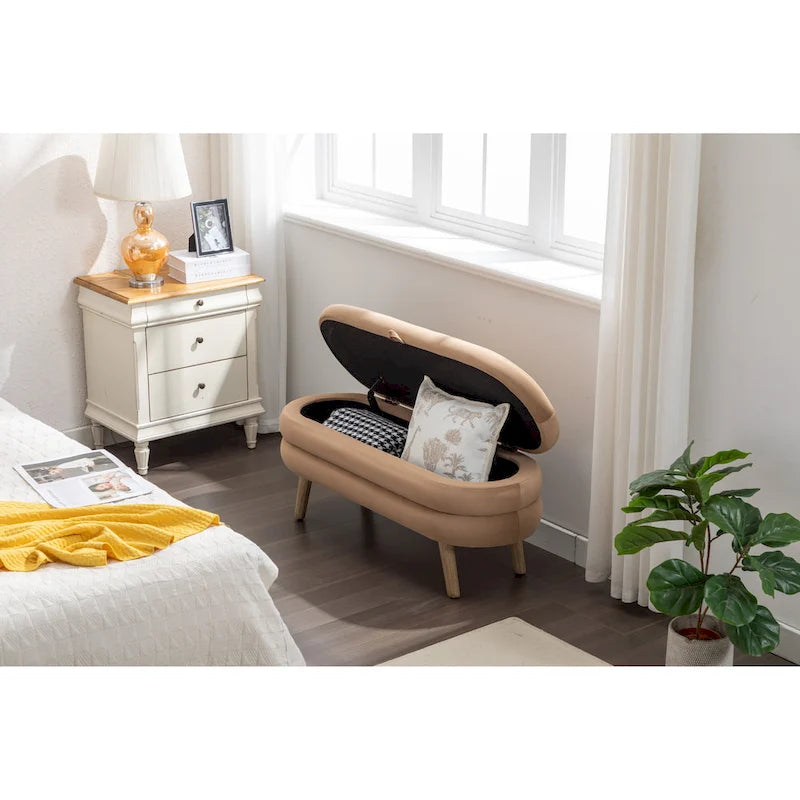 Velvet Fabric Storage Bench With Wood Legs For Living Room Bedroom