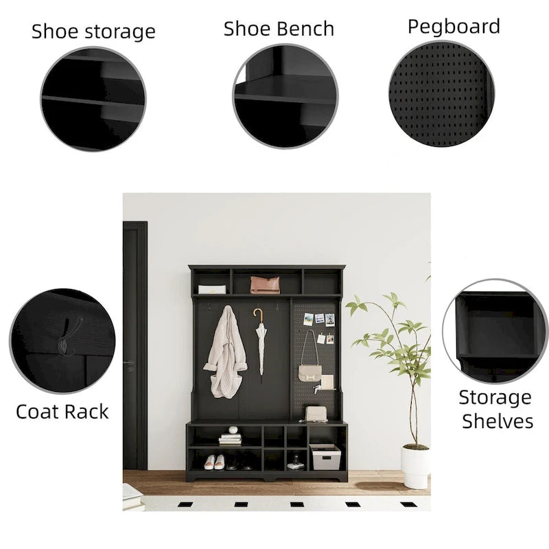 Hall Tree with Shoe Bench, Coat Rack ,Shoe Storage ,Storage Shelves and Pegboard, for Hallways, Halls and Bedrooms, Black