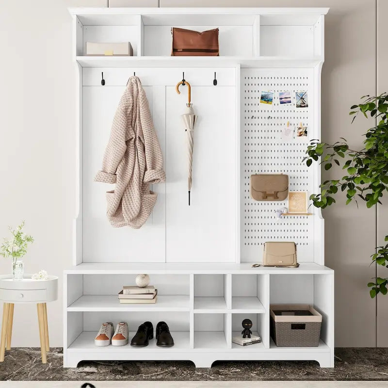 Hall Tree with Shoe Bench, Coat Rack ,Shoe Storage ,Storage Shelves and Pegboard, for Hallways, Halls and Bedrooms, Black
