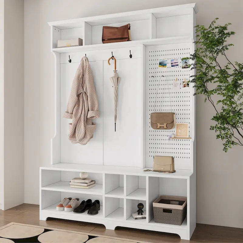 Hall Tree with Shoe Bench, Coat Rack ,Shoe Storage ,Storage Shelves and Pegboard, for Hallways, Halls and Bedrooms, Black