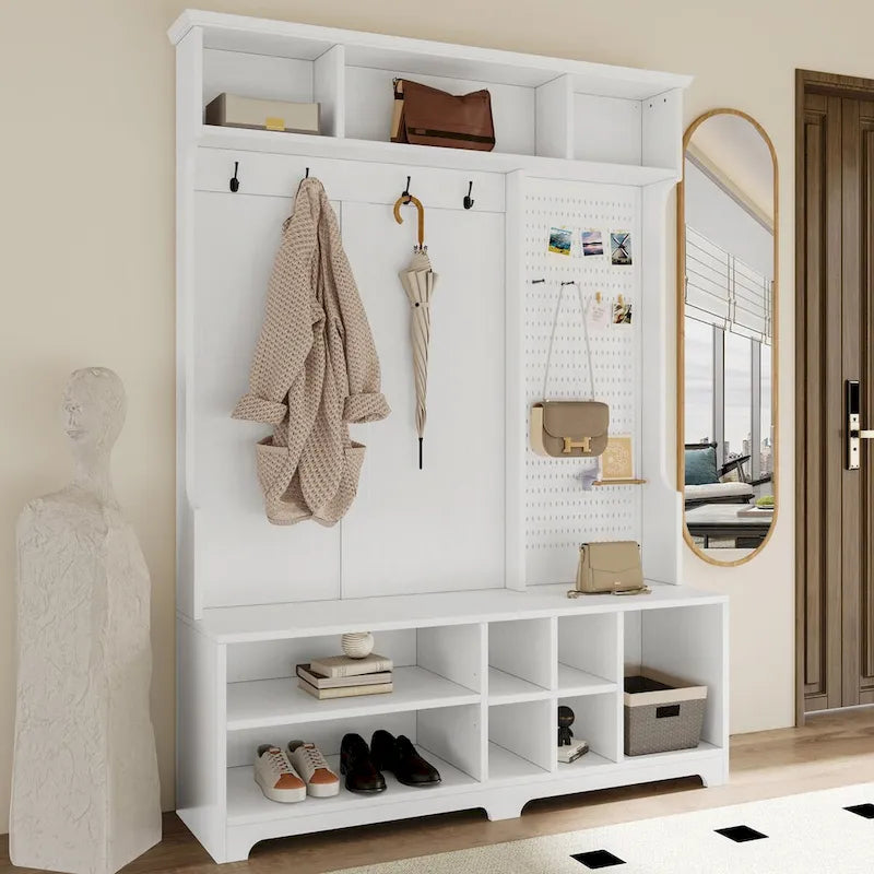 Hall Tree with Shoe Bench, Coat Rack ,Shoe Storage ,Storage Shelves and Pegboard, for Hallways, Halls and Bedrooms, Black