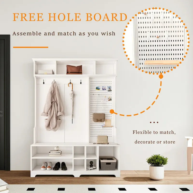 Hall Tree with Shoe Bench, Coat Rack ,Shoe Storage ,Storage Shelves and Pegboard, for Hallways, Halls and Bedrooms, Black