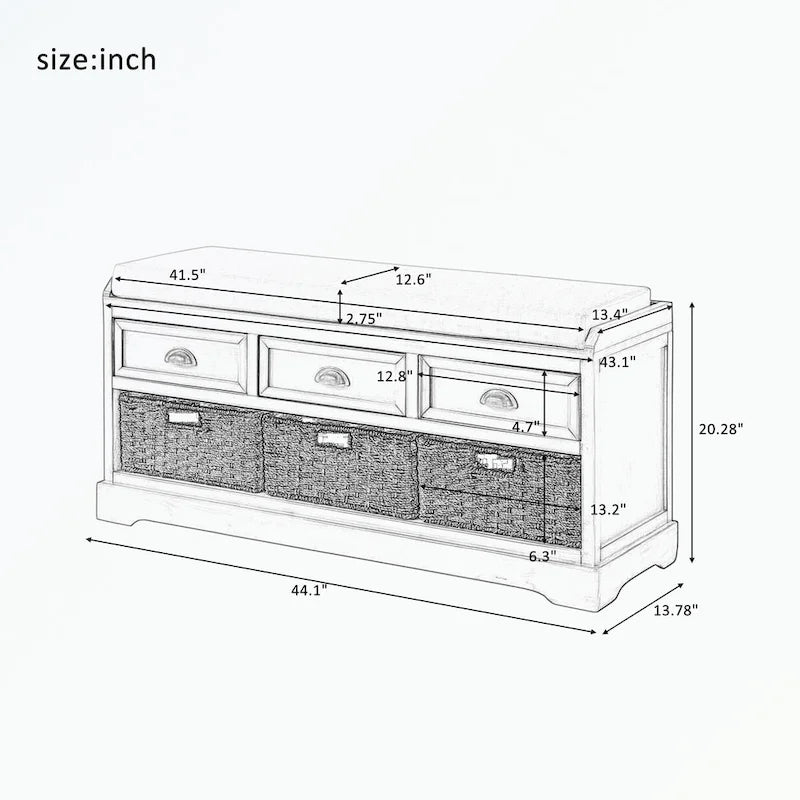 Wood Storage Bench with 3 Drawers and 3 Baskets