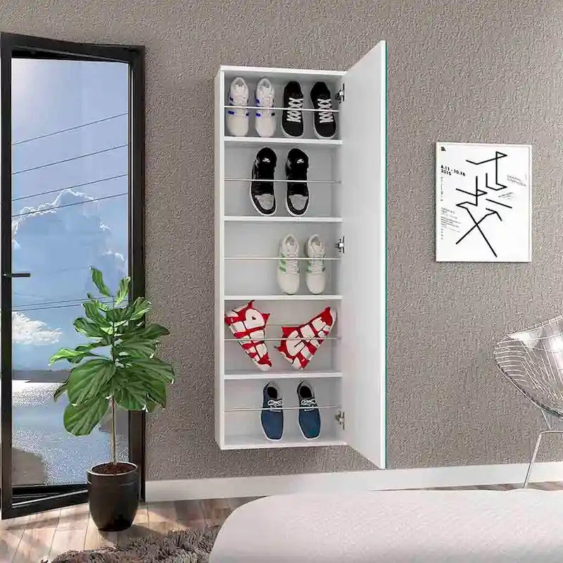 Wall Mounted Shoe Rack With Mirror Chimg, Single Door, White Finish,High quality and durable