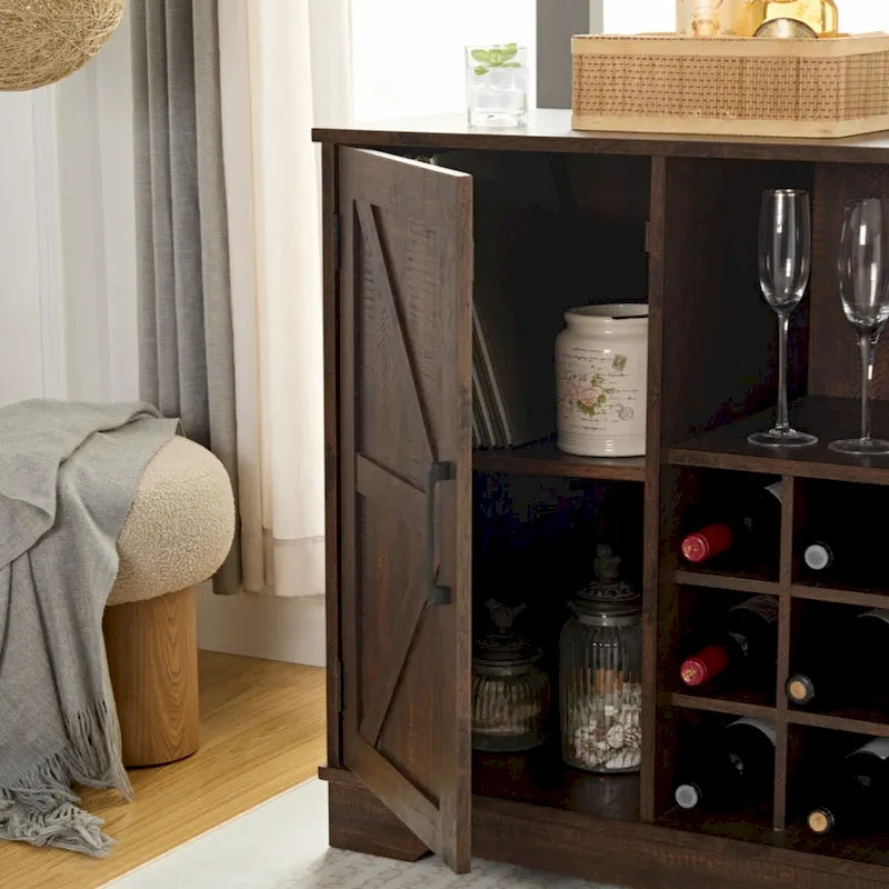 Farmhouse Coffee Bar Cabinet Bar Cabinet with Wine Rack Barn Door Buffet Sideboard Cabinet with Drawer