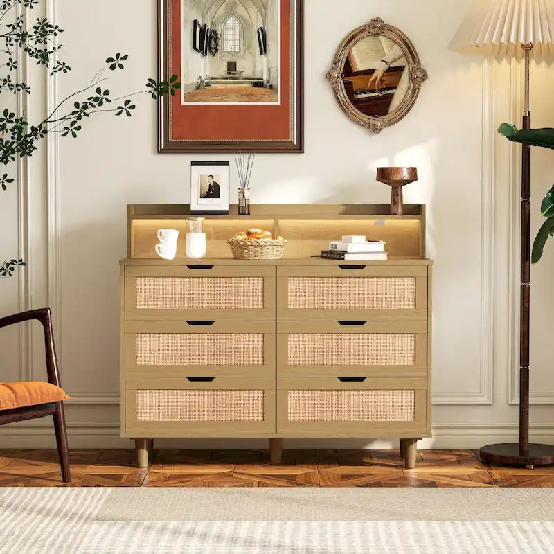 43.316-Drawers Rattan Storage Cabinet Rattan Drawer with LED Lights and Power Outlet,for Bedroom,Living Room