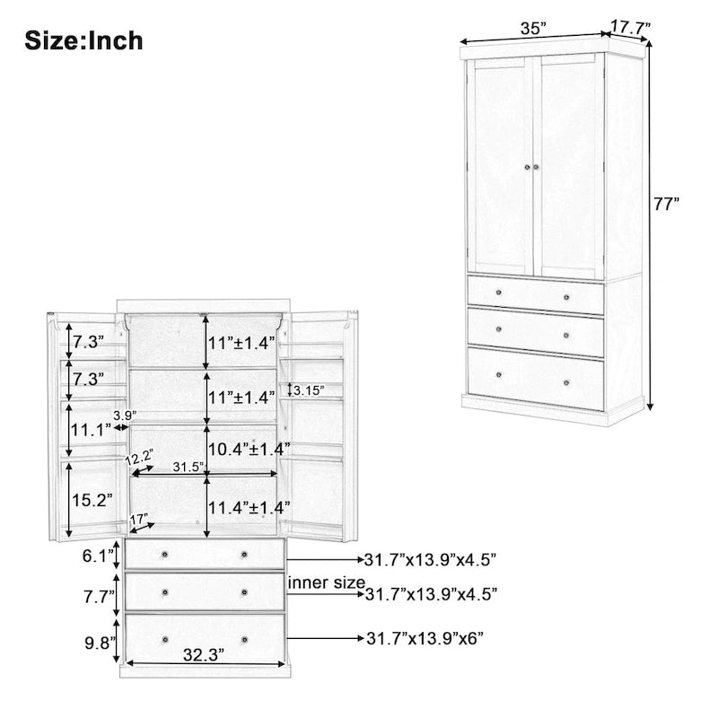 77inch Kitchen Pantry,Freestanding Tall Cupboard Storage Cabinet with 3 Adjustable Shelves,8 Door Shelves,3 Drawers