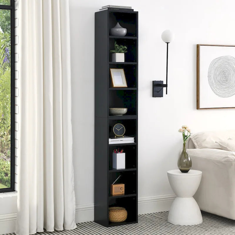 8-Tier Media Tower Rack, CD DVD Slim Storage Cabinet with Adjustable Shelves, Tall Narrow Bookcase Display Bookshelf