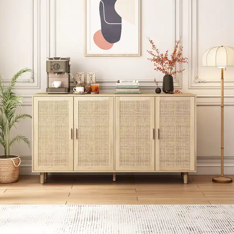 Elegant and Functional 4-Door Rattan Decorative Storage Cabinet,for Bedroom,Living Room,Office,Easy Assembly
