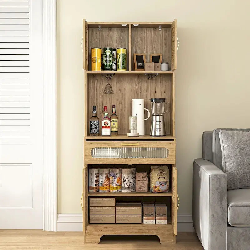Accent Kitchen Buffet and Hutch Wooden Storage Cupboard with Glass Accent Drawer, and Microwave Space