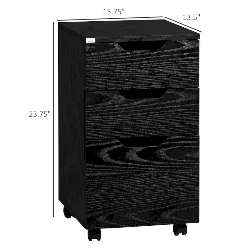 3 Drawer Office Storage Cabinet, Under Desk Cabinet with Wheels, Black Wood Grain