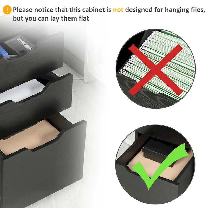 3 Drawer Office Storage Cabinet, Under Desk Cabinet with Wheels, Black Wood Grain