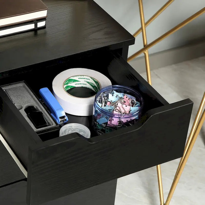 3 Drawer Office Storage Cabinet, Under Desk Cabinet with Wheels, Black Wood Grain