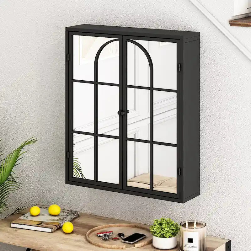 23.62 Vintage Two Door Wall Cabinet with Mirror,Three-level Entrance Storage Space for Living Room,Bathroom,Dining Room,Black