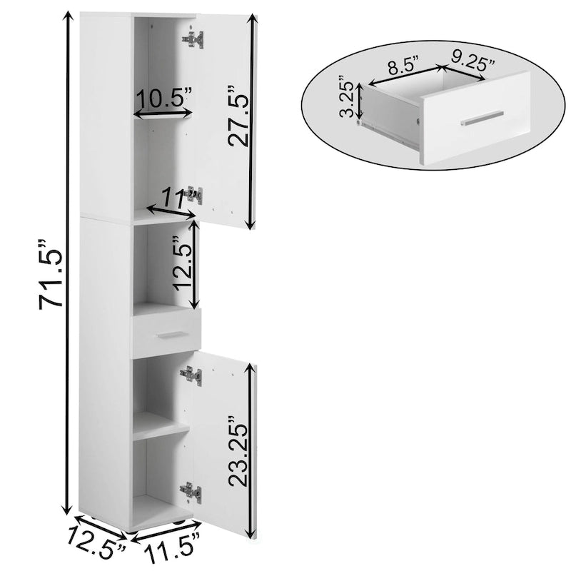 71.5 Inches Tall Thin Corner Shelf Floor Cabinet with 2 Doors, 1 Drawer, Freestanding Linen Tower Cabinet