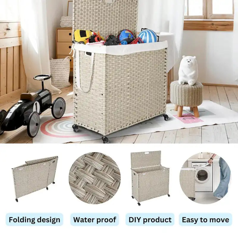 Laundry Hamper With Lid PE Rattan Powder Coating Frame Clothes Hampers with 02 Removable Bags, Wheels, 160L, Grey Color